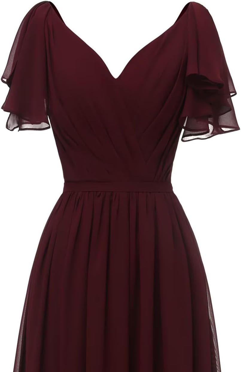 Yexinbridal Ruffle Sleeves Bridesmaid Dresses V-Neck Chiffon Long Formal Wedding Evening Party Gowns for Women