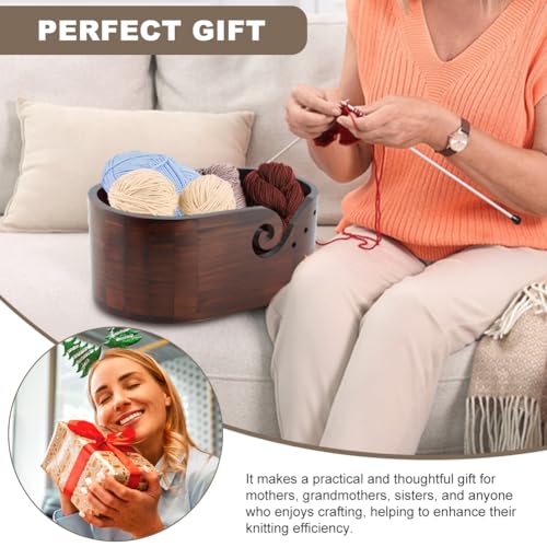 Image of Wooden Crochet Bowl, Multi-Hole Yarn Holder for Knitting, Gift for Mom, Wife, Girlfriend & Knitting Lovers (Brown)