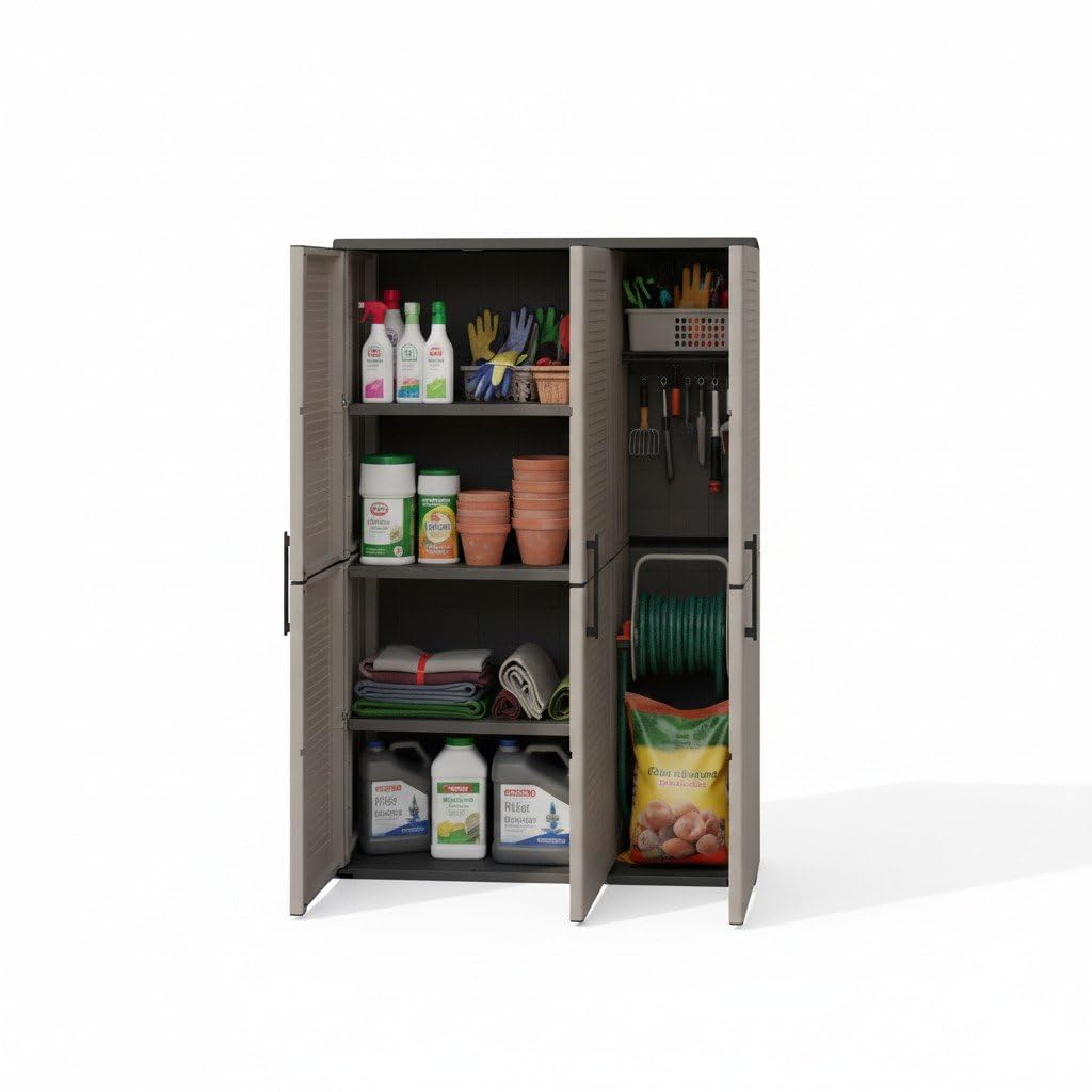 Dmora Bilzen Armoire d'extérieur 37 x 102 x 163h cm Gris 3 étagères 3 Portes, Meuble de Jardin 4 Compartiments, fabriquée en Italie