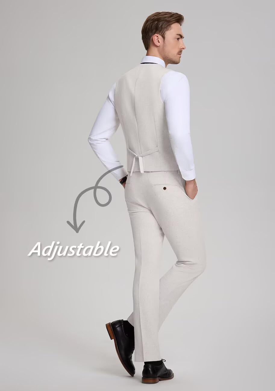 Men's Linen Suit 3 Piece Slim Fit Summer Wedding Beach Blazer Vest Pants Set Casual Prom Outfit for Men