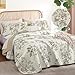 WONGS BEDDING Floral Quilt Set Queen,3 Piece Brown Botanical Leaf & Butterfly Pattern Bedspread Coverlet Set,Soft Beautiful Farmhouse Plants Quilts Bedding Set