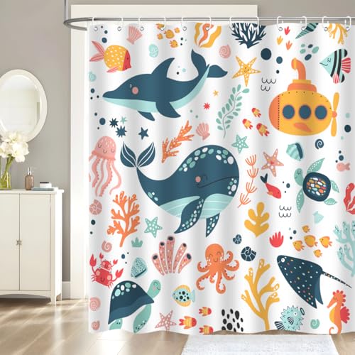 Image of Kids Cartoon Ocean Shower Curtain Cute Fish Sea Turtle Whale Dolphin Funny Underwater Submarine Animal Sea Life Children Home Bathroom Decor Waterproof Fabric 72Lx60W Inch with 12PCS Hooks