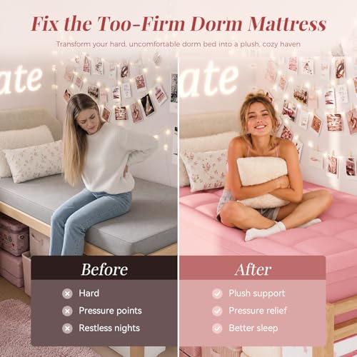 Image of ELEMUSE Twin XL Dorm Dual Layer 3 Inch Memory Foam Mattress Topper | College Essentials for Girls Pink, 2 Inch Cooling Gel Foam with 2 Inch Plush PillowTop, Relief Comfortable Support
