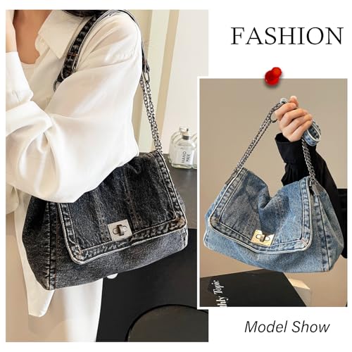 KlaOYer Denim Shoulder Bag for Women Jean Tote Bag Adjustable Chain Strap Crossbody Bags Y2k Trendy Hobo Purse Handbag2
