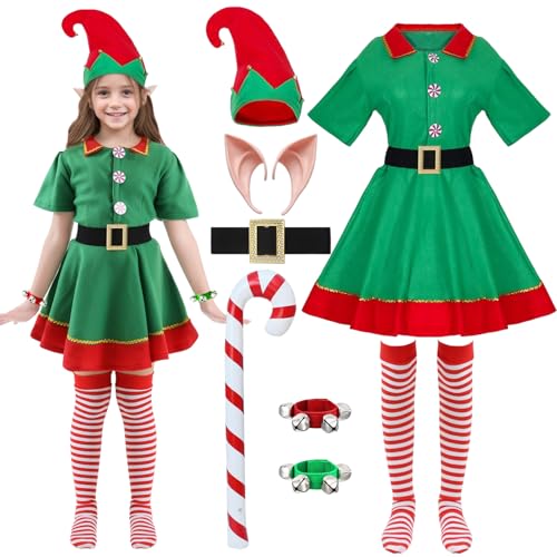 Conjunto de Disfraz Elfo Navidad Camisa Pantalones Vestido Hombres y Mujeres Adultos Niños Adecuado para Fiesta Carnaval Cosplay (Niña, 150)