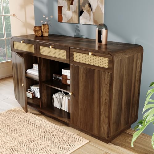 Aunvla Kommode Sideboard 120cm Nussbaum, Schubladenschrank mit Rattan...