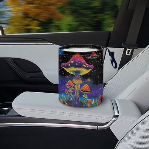 Image of Colorful Mushrooms Garbage Can - Small Trash Can with Leak Proof Liner and Hanging Strap - Portable Car Organizer