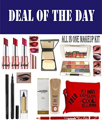 volo All In One Makeup Kit (3 Pcs Red, Pink, Mahroon Lipsticks,1 Eye Shadow, 1 Foundation,1 Eyeliner, 1 Compact, 1 Kajal, 1 Lip Liner 1 Pouch) Set of 10 Pcs (pink)