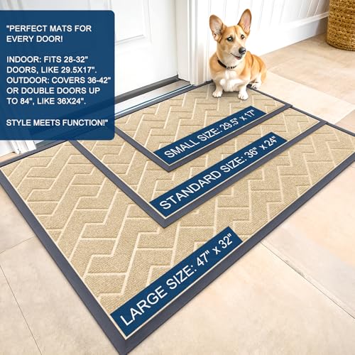Image of OLANLY Front Door Mat Indoor Outdoor Entrance, Waterproof All-Season, All-Weather Doormat, Sturdy Natural Rubber, Low Profile, Easy Clean Patio Porch Entryway Mat, Herringbone Brick (Beige, 59x23)