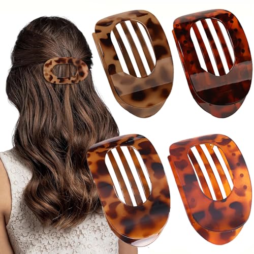 Yeomju Pack of 4 Tortoiseshell Leopard Flat Hair Clips for Women Comfortable Round Lay Down Claw Clip for Thick and Thin Hair