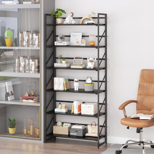 Image of JSB 6 Tier No Assembly Folding Bookshelf, 30.7 inch Wide Foldable Storage Bookcase for Home Office, Space-Saving Storage Shelf for Living Room (Black)