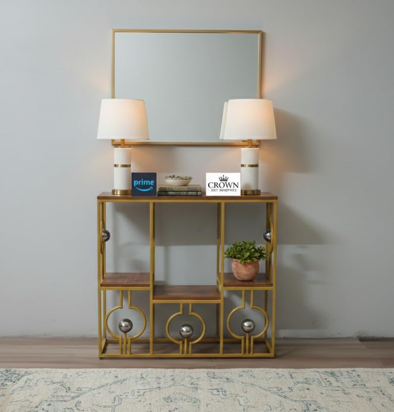 Image of Console Table with Storage, Modern Engineered Wood, Gold Metal Frame with Decorative Spheres, 30x30x7.5 Inch (Gold Brown)