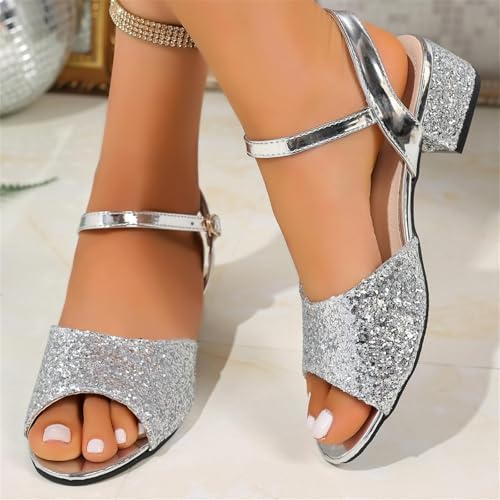 Women's Sequins Chunky Block Heel Sandals Summer Peep Toe Shoes with Buckle for Wedding Prom2