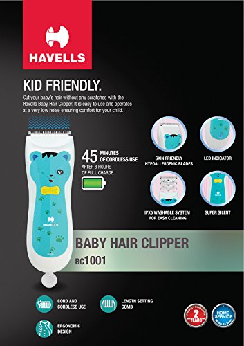 Image of Havells BC1001 Rechargeable Baby Hair Clipper with hypoallergenic ceramic blade, Ultra-quiet, IPX5 Waterproof haircut kit for kids, infants, boys (Blue)