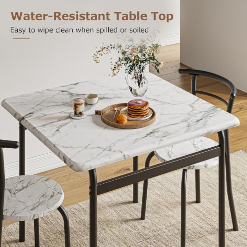 Image of VECELO 3-Piece Dining Table Set for Kitchen Breakfast Nook, Faux Marble Square Tabletop and Metal Frame, for Small Spaces, White & Black