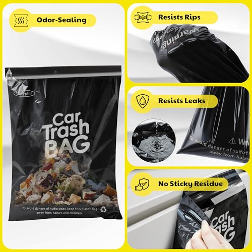 Image of 50 Bags Hanging Car Trash Bags Disposable, 2 Gallon Car Garbage Bags. Black | Leak-proof, Odor Seal. Alternative to Car Trash Can, Easy Stick-On Car Garbage Can for Car, SUV, Truck, Vehicle, Stroller.