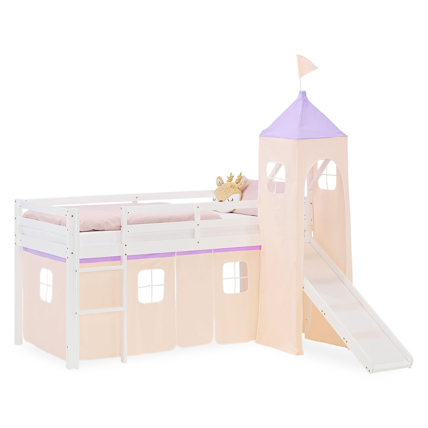Homestyle4u Kinderhochbett mit Rutsche, Lila Beige Vorhang Turm, Hochbett 90x200 cm Weiß, Kinderbett aus Holz, Artikel 2951