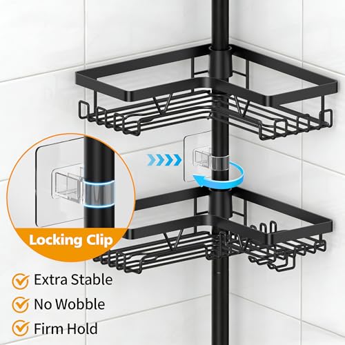Image of KEGII Black Shower Caddy Tension Pole with 2 Towel Bars, Adjustable Corner Bathroom Organizer, Rustproof Bathtub Storage Shelves for Shampoo, 25-114.2 Inch Shower Corner Rack for Renters & Family