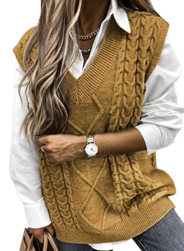 Image of EVALESS Oversized Sweater Vest for Women V Neck Sleeveless Cable Knit Tops