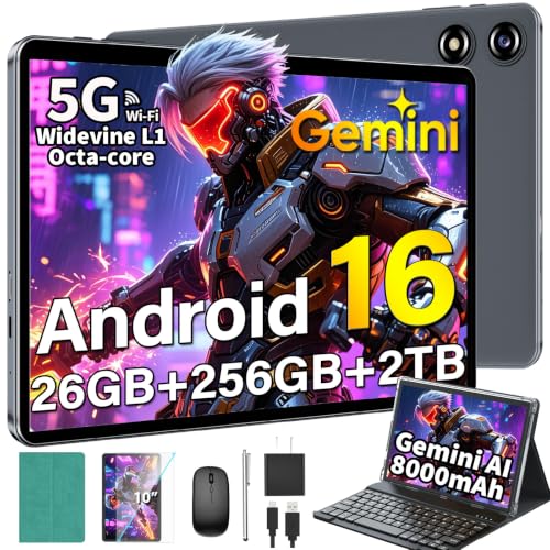 Image of Android Tablet with Keyboard, Android 16 Tablet with 26GB+256GB+2TB Expand, Gemini AI, 10 inch Tablet with 8-Core, 5G WiFi, 8000mAh, GPS, Electronic 2 in 1 Tablet PC with Case, Mouse, Stylus (Green)