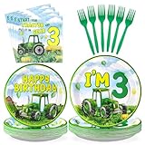 Grencian 96Pcs Tractor Birthday Party Decorations Tractor 3rd Birthday Party Plates Disposable Green Tractors Paper Tableware Set for Kids Boys 3 Year Old Supplies, Serves 24