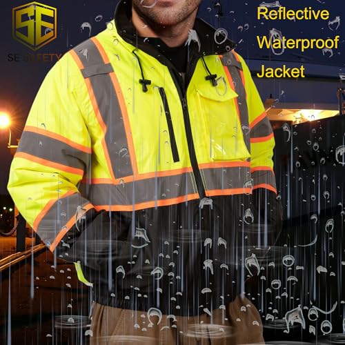 Image of sesafety Reflective Jacket for Men, High Visibility Jackets, Safety Jackets for Men, Hi Vis Construction Bomber Jackets Waterproof with Pockets and Zipper, Black Bottom, Class 3