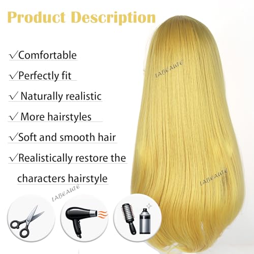 Image of LABEAUTE Long Blonde Princess Cosplay Wig with Headband, 24 Inch Resistant Synthetic Hair Natural Looking Golden Blonde Costume Wig Set for Halloween Party Anime Convention