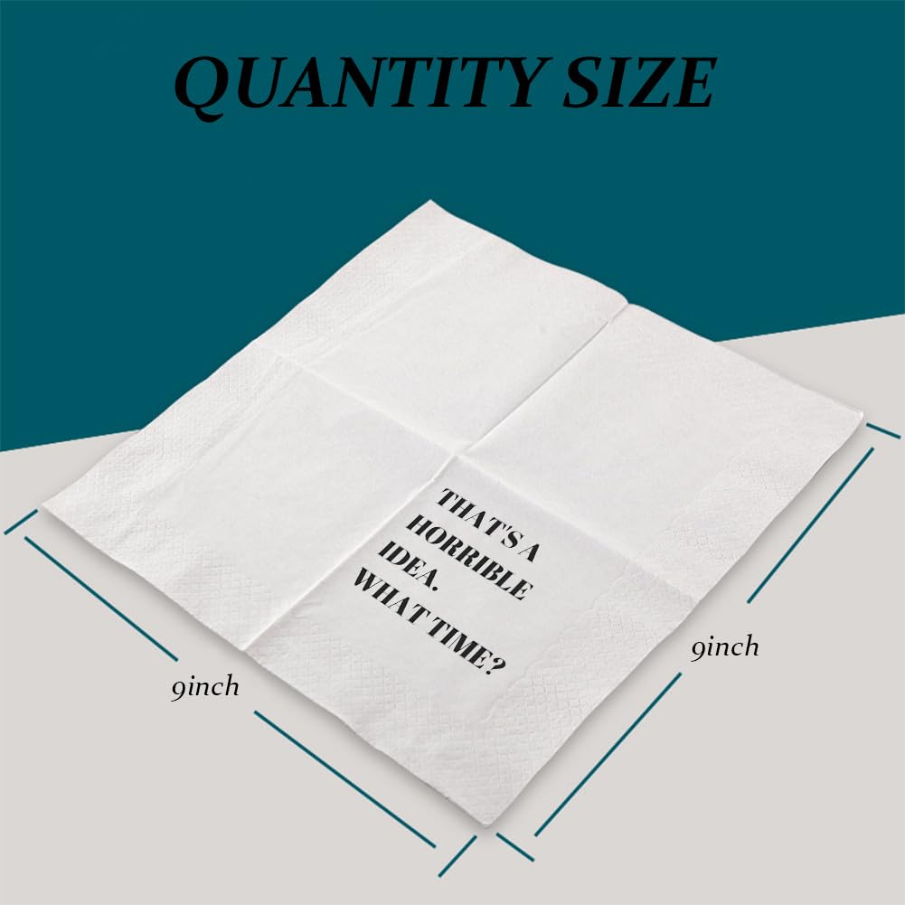 Divertidas servilletas de cóctel, 100 unidades, con citas divertidas que dicen servilletas de papel desechables para fiesta, 4.5 x 4.5 pulgadas, dos capas (That's A Horrible Idea What Time