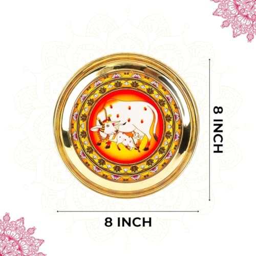 Image of Klassic 8 Inch Handcrafted Brass Thali /Aarti Plate | Cow Design, Beautifully Embossed Colorful Decorative Plate for Puja /Worship, Aarti, Karwa Chauth, Navratri, Diwali Gift | Medium(Pack of 1, Golden)