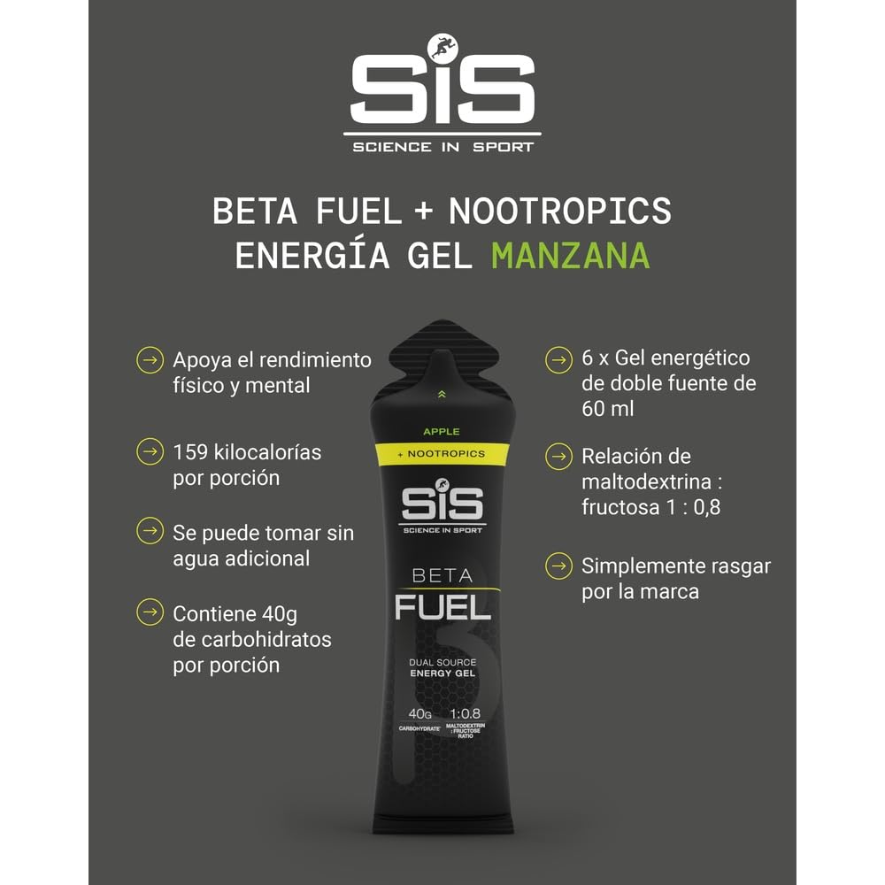 Science in Sport BETA Fuel + Nootropics Gel 6x60ml Manzana - Gel energético rico en carbohidratos con 40g de hidratos de carbono, Energy gel para deportes de resistencia