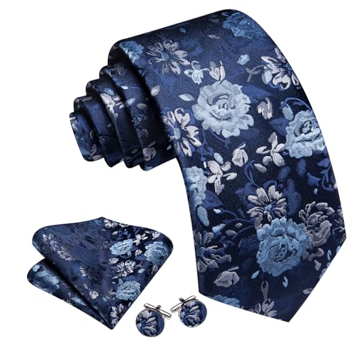 Image of Barry.Wang Flower Ties for Men Silk Woven Floral Tie Sets Necktie Handkerchief Cufflinks Wedding Party