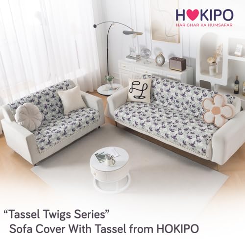 Image of HOKIPO Lavender Vine Quilted Sofa Cover 3 Seater and 2 Seater with Tassels Set - 5 Seater Sofa Cover (3+2) for Seat & Back | 'Tassel Twigs' Series (IN-991-T1 + IN-990-T1)
