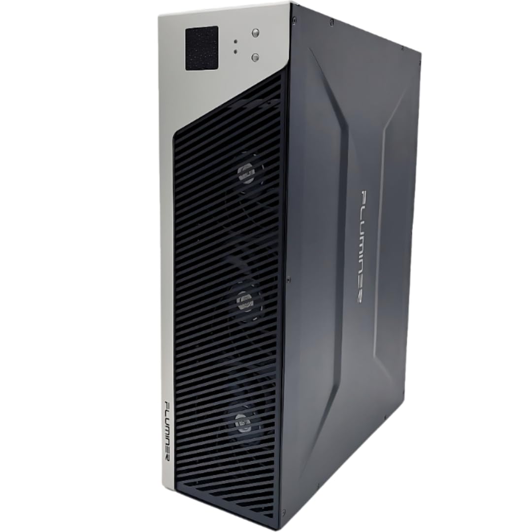 Front view of the FLUMINER L1 Pro Scrypt Miner, showing the sleek silver and black casing with ventilation grilles and the TJZECOM logo.