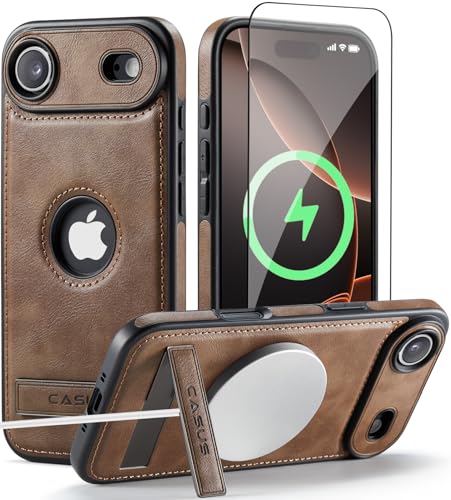 Image of Casus for iPhone Air Case, MagSafe Compatible Vegan Leather Case with Slim Kickstand, Protective Cover with Tempered Glass Screen Protector, Gray, 6.5 Inch (2025)