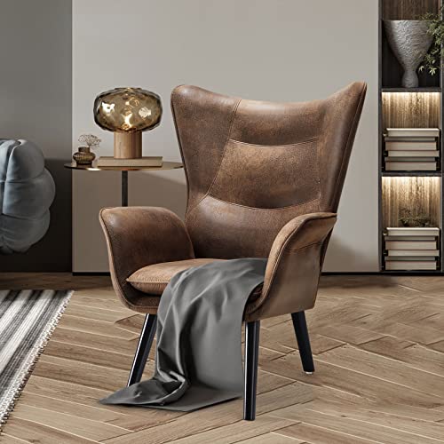 Bekrvio Accent Chairs Living Room Chairs, Modern Wingback Chair Reading Armchair With Solid Wood Legs And Cushion, Comfy Leathaire Upholstered Sofa Arm Chairs For Living Room Bedroom, Rustic Brown #TOP23