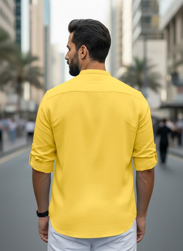 Image of Men Cotton Blend Mandarin Collar Casual Kurta Shirt | Roll-Up Sleeves | Regular Fit Ethnic Short Kurta for Daily