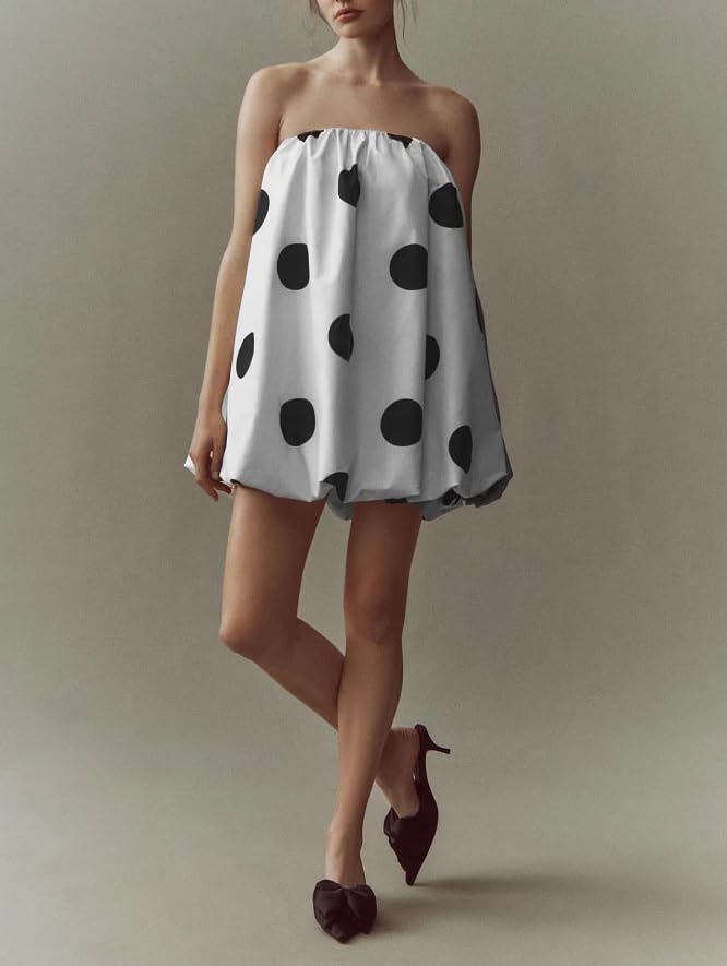 Image of Faretumiya Women Polka Dot Bubble Mini Dress Strapless Flowy Short Tube Dress Off Shoulder Y2k Balloon Dress Party Beach(