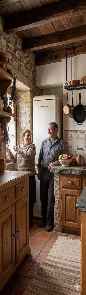 SOLTHERMIC frigorifico COMBI 2 puertas crema rústico y acabados dorados de 1,88 de alto y 55 de ancho. Gran capacidad total de hasta 270L, control de temperatura, silencioso y de bajo consumo