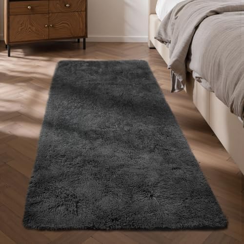 Sour Lemon Teppich Schlafzimmer 60x120cm, Grau Teppich Flur Läufer | Rutschfest Schlafzimmer Teppich Waschbar Flauschiger Wohnzimmerteppiche Zottelige Weiche Teppiche für Kinder Fl
