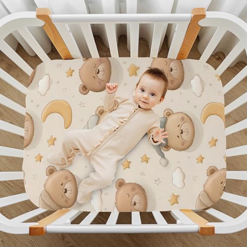 Image of Cartoon Bear Head Pattern Crib Sheets Stretchy Portable Sheets for Baby Toddler Breathable Soft Crib Mattress Sheet for Girls Boys