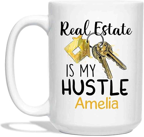 Taza de café personalizada de cerámica blanca de 11 onzas, 15 onzas, nombre personalizado, taza de té Real Estate Is My Hustle, novedosa taza de