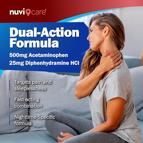 Image of NUVICARE Pain Relief PM, Acetaminophen 500mg & Diphenhydramine 25mg, 100Ct | Compares to Tylenol PM; relieves nighttime aches, pains & headache while helping you fall asleep, extra strength, sleep aid