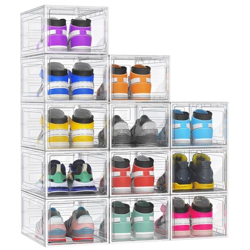 Kjfeoiye 12 Pack Hard Sturdy Thickened Rigid XX Large Shoe Storage Organizer for Closet, Clear Stackable Sneaker Shoe Boxes Rack Containers Display Case Bins with Lids, White
