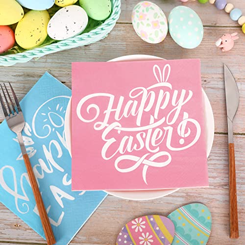 Whaline 75 Pack Easter Napkins 6.5 X 6.5 Inch Pink Green Blue Luncheon Napkins Happy Easter Hello Spring Disposable Paper Napkins Dinner Napkins For Spring Easter Party Supplies Table Decorations #TOP2