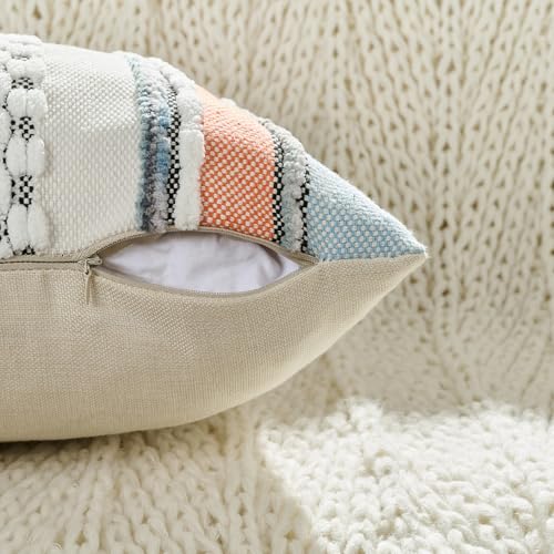 Volcanics Orange Blue Boho Throw Pillow Covers 18x18 Set of 2, Chenille Farmhouse Decorative Cushion Covers, Neutral Striped Accent Pillowcases for Couch Sofa Bed