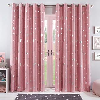 Dreamscene Galaxy Thermal Blackout Curtains Pair of Eyelet Ring Top Panels Kids Metallic, Pink Blush Moon Stars, Width 46 x Drop 72