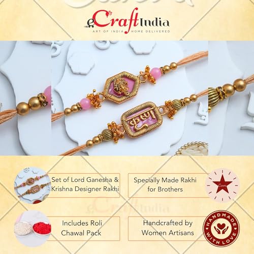 Image of eCraftIndia Lord Ganesha Krishna Designer Rakhi Set of 2 | Rakhi for Brother Bhaiya Bhai with Best Bro Ever Fridge Magnet | Roli Chawal Pack
