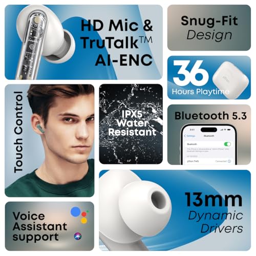 Image of pTron Bassbuds Gomax in-Ear TWS Earbuds w /Dual HD Mic & AI-ENC Calls, 36Hrs Playtime, Pristine Sound, 13mm Drivers, Bluetooth 5.3 Wireless Headphones, Voice Assist, Type-C Charging & IPX5 (Snow)