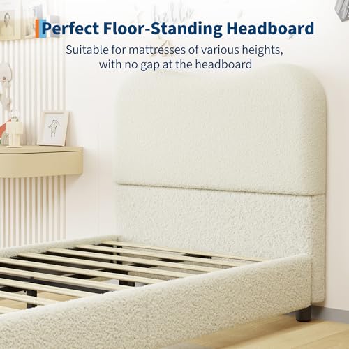 GarveeHome Full Bed Frame for Kids with Velvet Upholstered Headboard, Cute Low Profile Platform Bed for Girls and Boys, No Box Spring Needed, Strong Wooden Slats, Noise Free, Easy Assembly, Beige