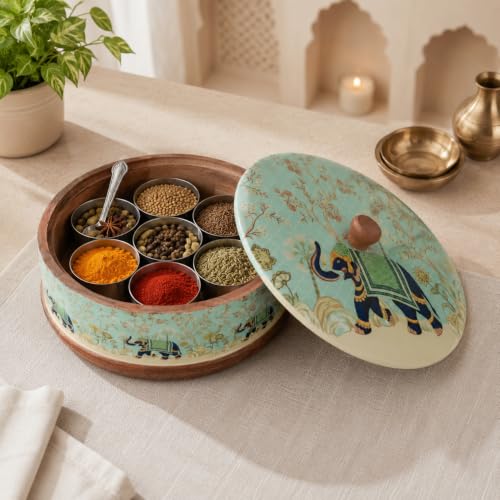 Image of Premium Wooden Masala Box with 7 Stainless Steel Spice Containers & Spoon | Traditional Elephant Print Spice Organizer | Wooden Masala Dabba for Kitchen Storage & Dining